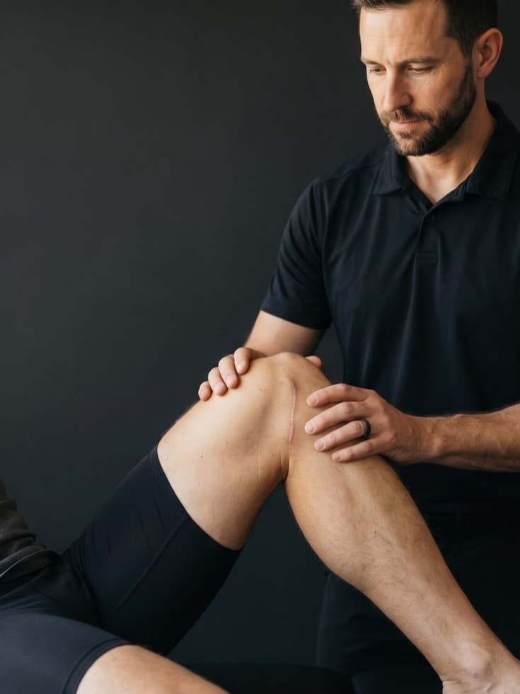 Physical therapist working hands-on with a patient's post-surgical knee